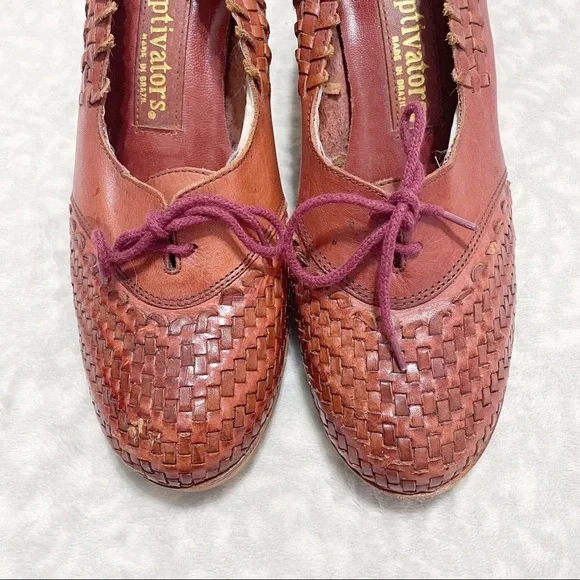 Vintage Woven Wedges 70s Captivators Brown Leather Tie Oxford Heels - Picture 6 of 12